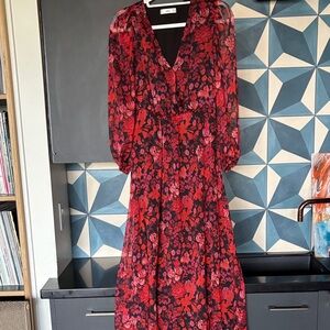 Mango Red and Black Floral Long Sleeve Dress